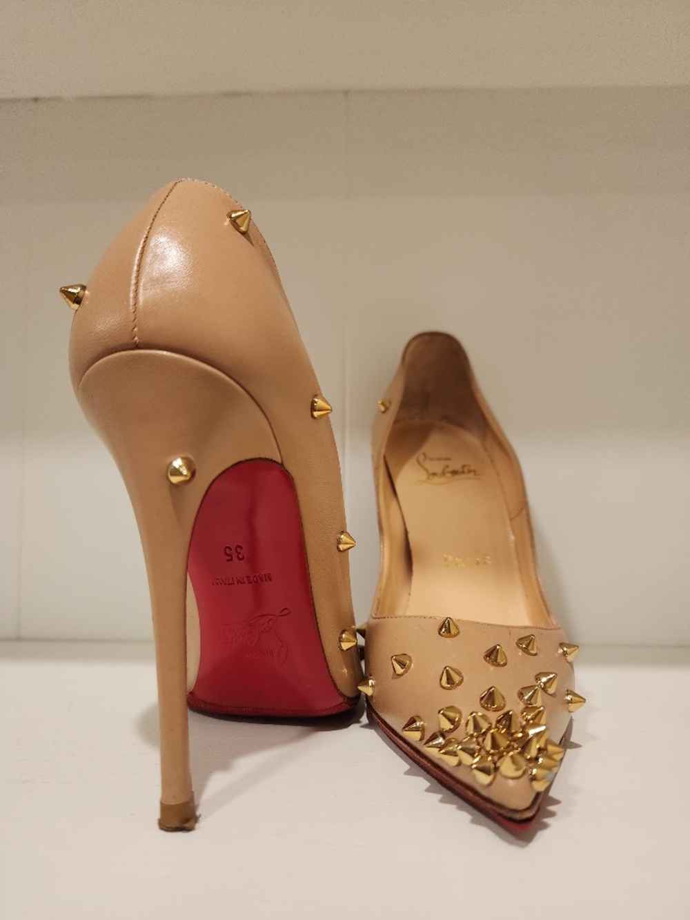 Christian Louboutin Degraspike 100 Nude Leather Pumps with Gold Spikes